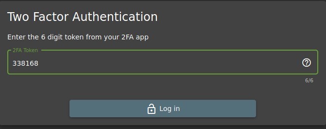 Factor Authentication 
Enter the 6 digit token from your 2FA app 
2FA Token 
338168 
a Log in 
o 